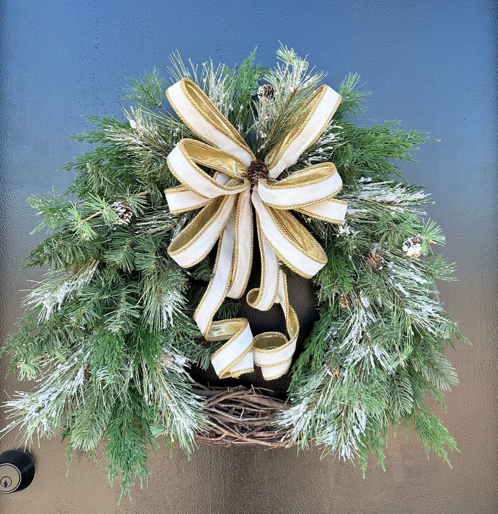 Elegant Winter Artificial Pine Grapevine Wreath - Holiday Door Decor with White Velvet and Gold Bow - Festive Home Decoration- TCT Crafts TCT Crafts