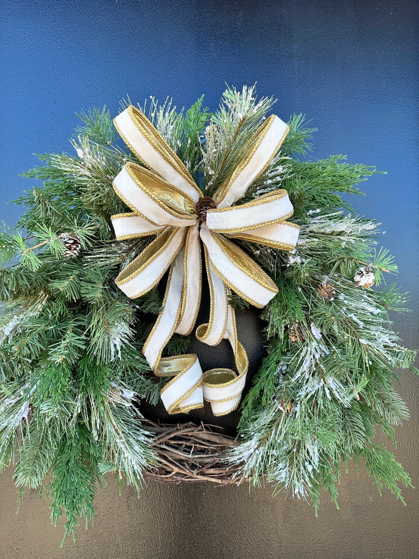 Elegant Winter Artificial Pine Grapevine Wreath - Holiday Door Decor with White Velvet and Gold Bow - Festive Home Decoration- TCT Crafts TCT Crafts