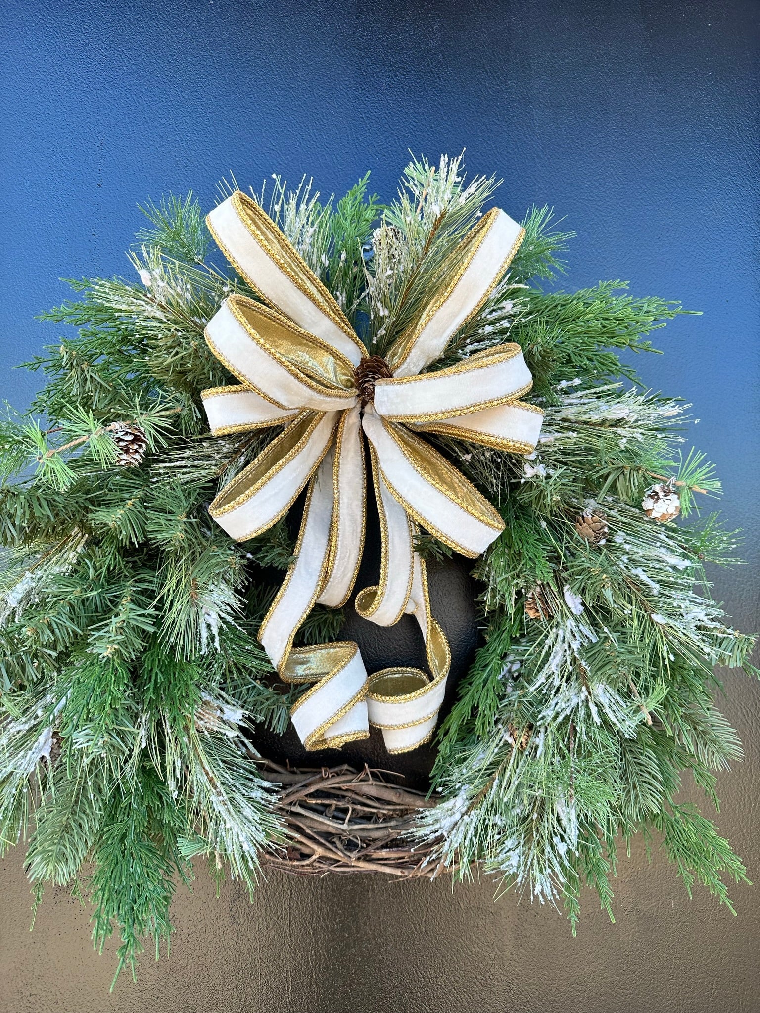 Elegant Winter Artificial Pine Grapevine Wreath - Holiday Door Decor with White Velvet and Gold Bow - Festive Home Decoration- TCT Crafts TCT Crafts