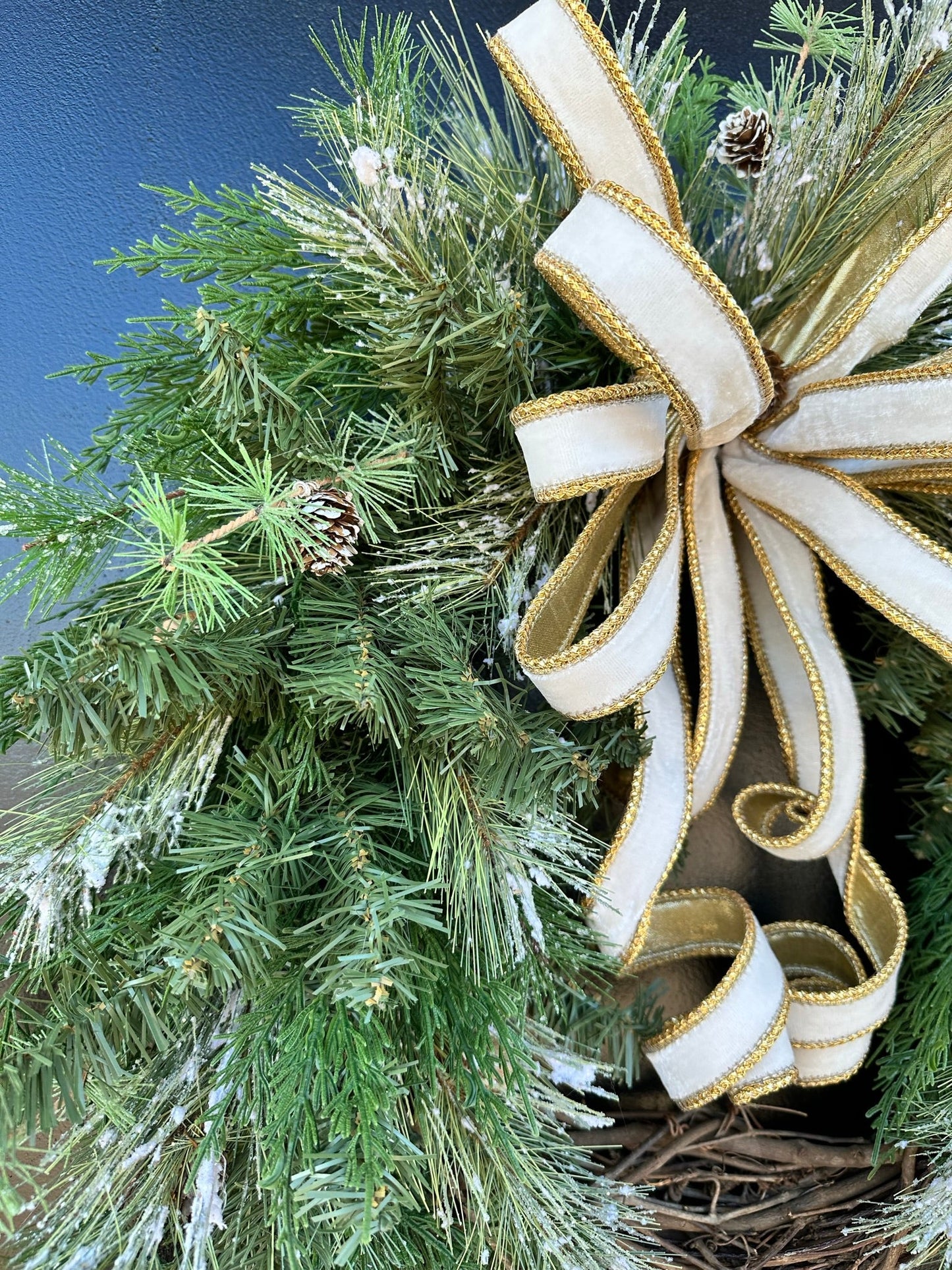 Elegant Winter Artificial Pine Grapevine Wreath - Holiday Door Decor with White Velvet and Gold Bow - Festive Home Decoration- TCT Crafts TCT Crafts