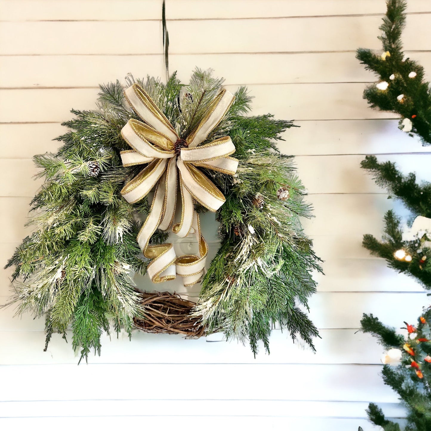 Elegant Winter Artificial Pine Grapevine Wreath - Holiday Door Decor with White Velvet and Gold Bow - Festive Home Decoration- TCT Crafts TCT Crafts