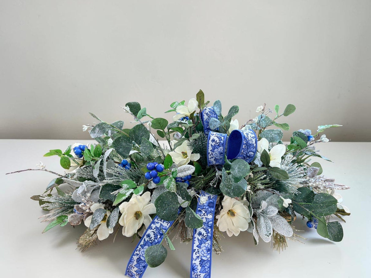 Blue White Silver Magnolia Winter Christmas Centerpiece TCT Crafts