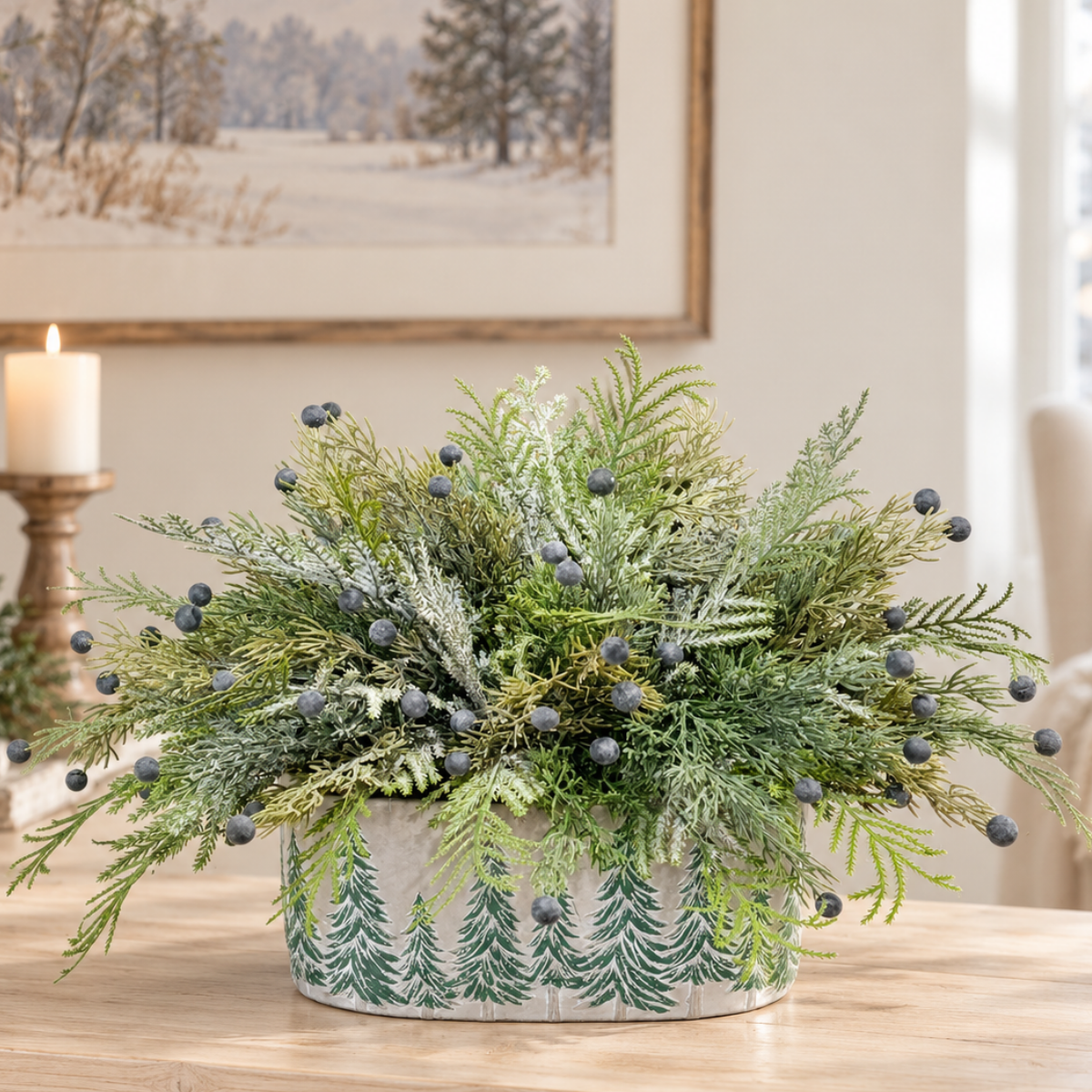 Snowy Fern & Juniper Winter Arrangement in Green Tree Cement Planter-2211 TCT Crafts