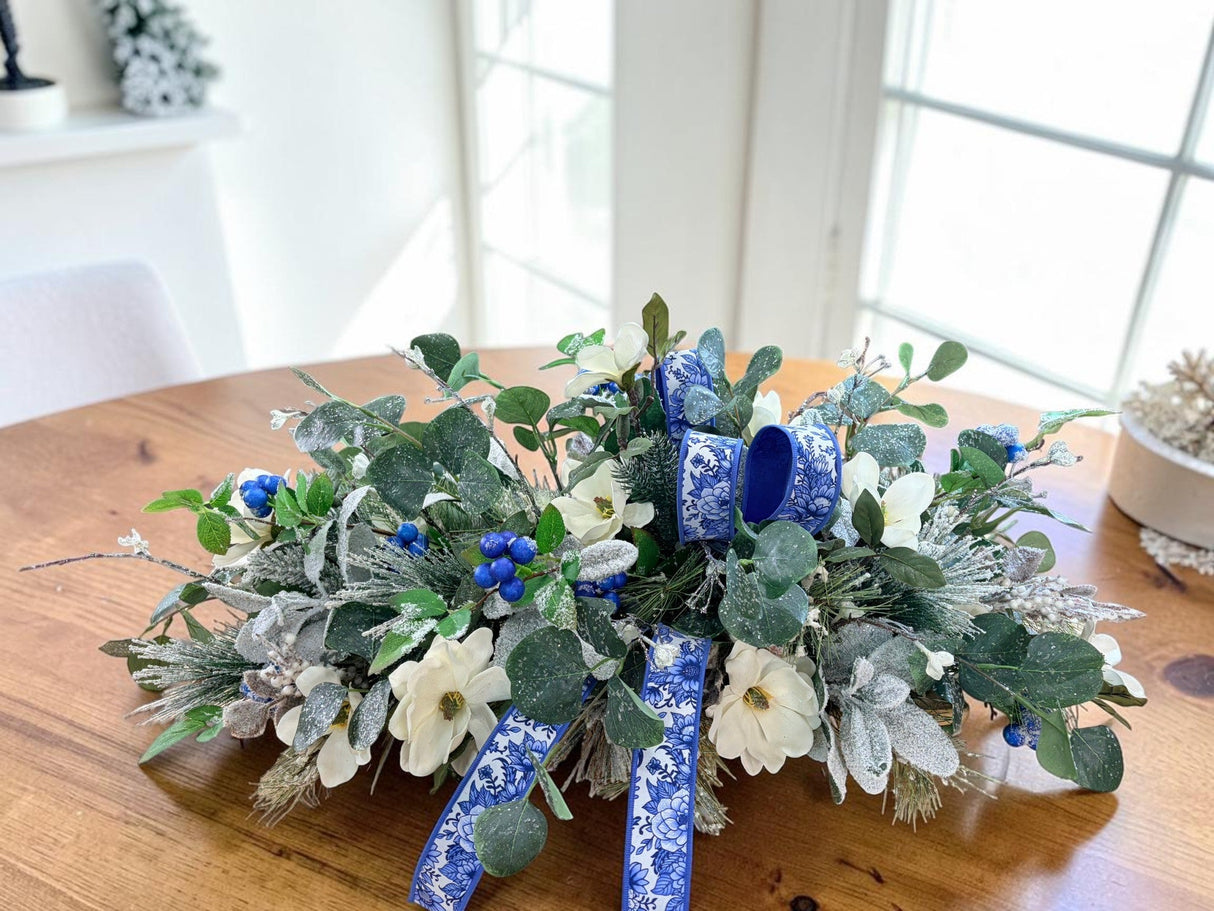 Blue White Silver Magnolia Winter Christmas Centerpiece TCT Crafts