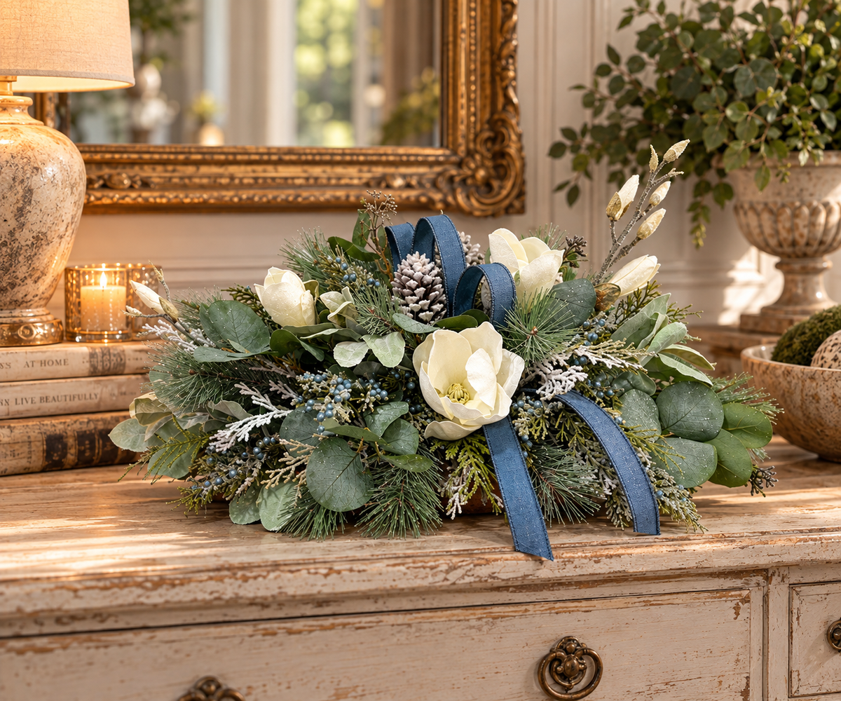 Designer Blue Magnolia Centerpiece | Pine Cedar Eucalyptus Arrangement | 24"Lx14"Hx16"W-2201 TCT Crafts Designs & Decor