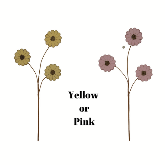 21'' Wooden Daisy Spray - Rustic Floral Stems in Yellow or Pink