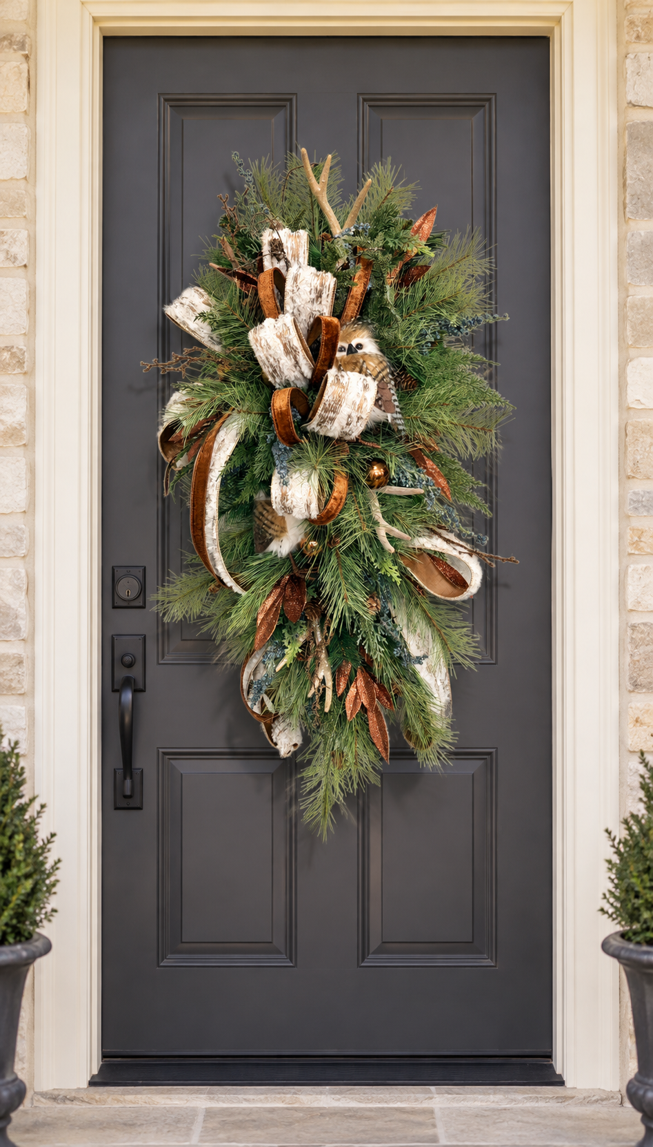Woodlands Owl & Antler Christmas Door Swag with Southern Pine and Velvet Ribbon-2212 TCT Crafts