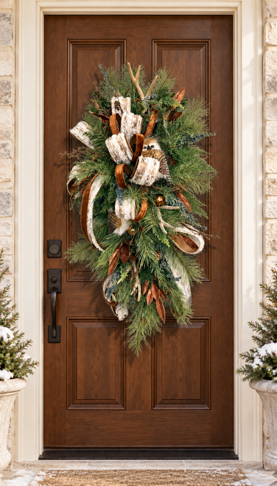 Woodlands Owl & Antler Christmas Door Swag with Southern Pine and Velvet Ribbon-2212 TCT Crafts
