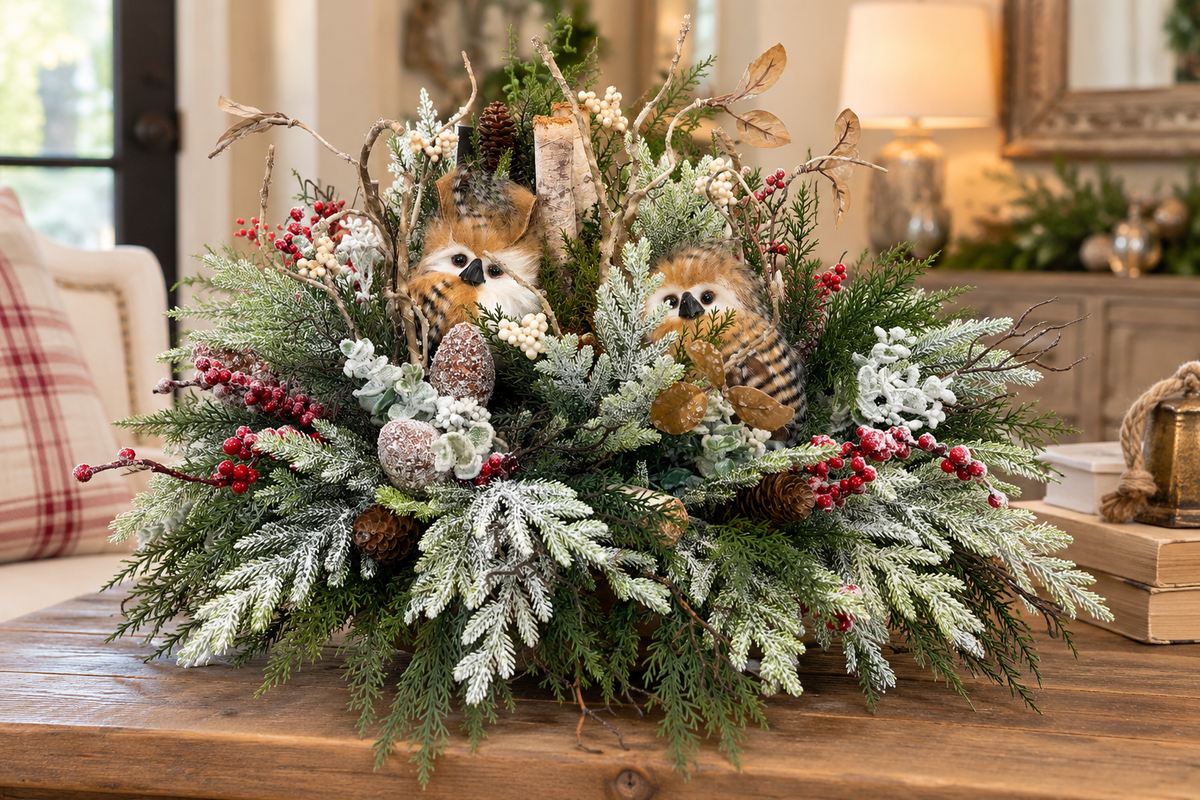Woodlands Owl Centerpiece | Snowy Pine Birch Christmas Arrangement | 27"Lx16"H-2199 TCT Crafts Designs & Decor