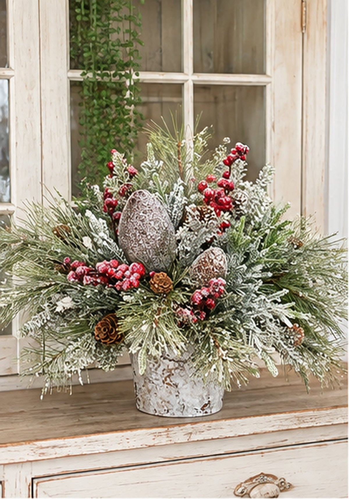 Woodlands Christmas Arrangement | Birch Bark Frosted Pine Pinecone | 19"x15"H-2198 TCT Crafts Designs & Decor