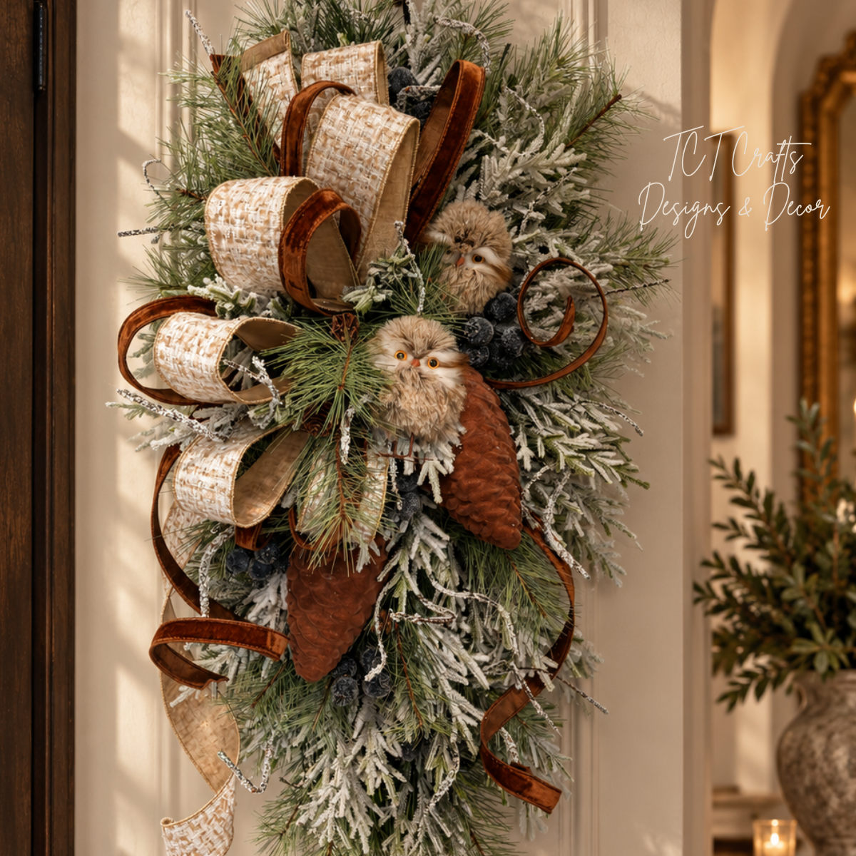 Woodlands Owl Winter Swag | Snowy Pine Front Door Decor | 42"Lx22"Wx16"D-2203 TCT Crafts Designs & Decor