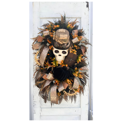 Oversized Steampunk Skull Wreath | XL Halloween and Fall Decor | Animated Skull with Top Hat, Faux Leather Journal, and Wooden Gears TCT Crafts