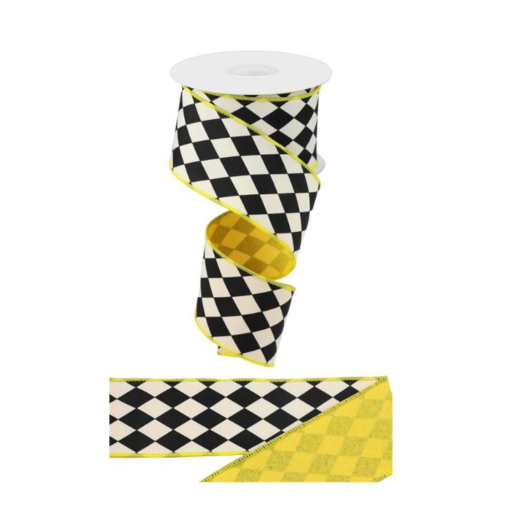 2.5" x 10yd Harlequin Yellow & Black Wired Ribbon-Royal Check Pattern for Crafts & Decor (RGX00118N)