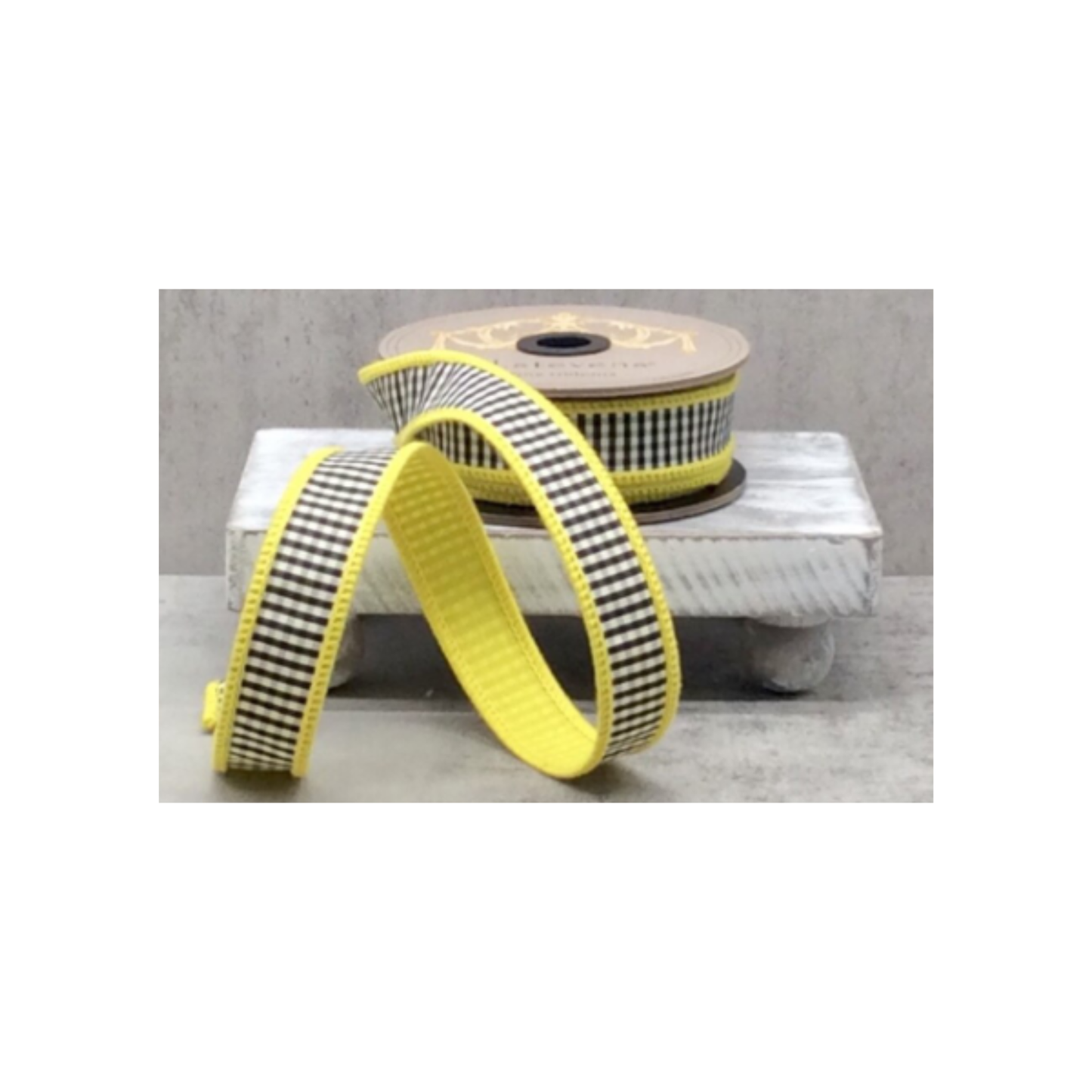 D. Stevens Yellow Black Mini Check Wired Ribbon | 1 Inch Faux Dupion-87-1639 D.Stevens