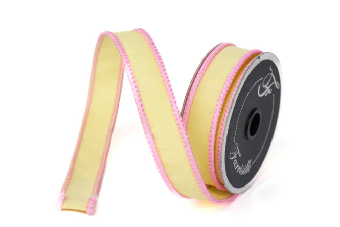 1"x10yd Designer Farrisilk Sherbert Cord Yellow Wired Ribbon with Pink Trim - Yellow Spring Wired Ribbon by TCT Crafts (RK531-46)