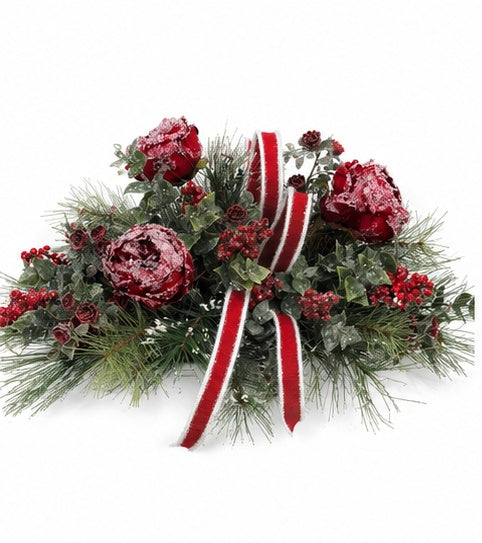 Snowy Rose Christmas Centerpiece | Dough Bowl Farrisilk Ribbon Design | 22"x14" TCT Crafts