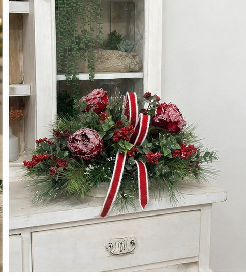 Snowy Rose Christmas Centerpiece | Dough Bowl Farrisilk Ribbon Design | 22"x14" TCT Crafts