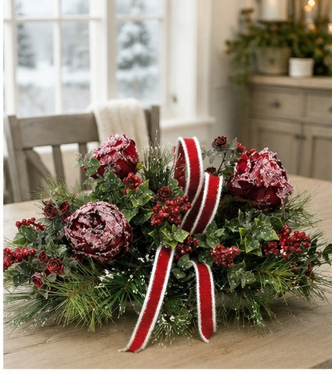 Snowy Rose Christmas Centerpiece | Dough Bowl Farrisilk Ribbon Design | 22"x14" TCT Crafts