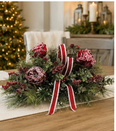 Snowy Rose Christmas Centerpiece | Dough Bowl Farrisilk Ribbon Design | 22"x14" TCT Crafts