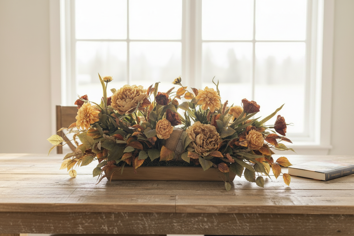 Fall Pumpkin Centerpiece | Dough Bowl Peony Dahlia Arrangement | 39"L x 18"H TCT Crafts