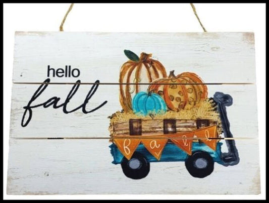 Hello Fall Wagon Pumpkin Sign 12x8 Rustic Farmhouse Autumn Decor-CM2087 Sims Pottery