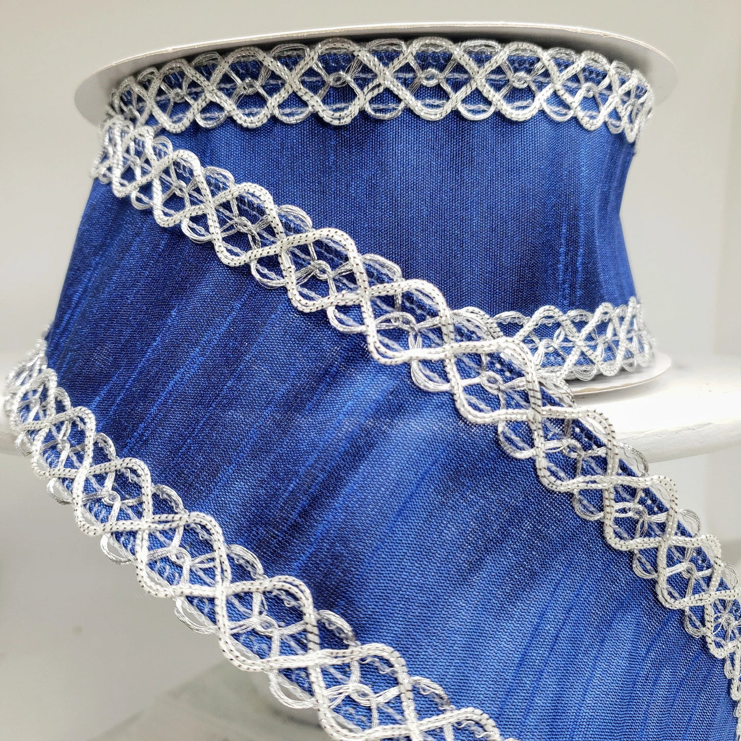 Royal Blue and Silver Faux Dupioni Wired Ribbon with Metallic Trim - 2.5 inches x 10 yards-RD190163 TCT Crafts