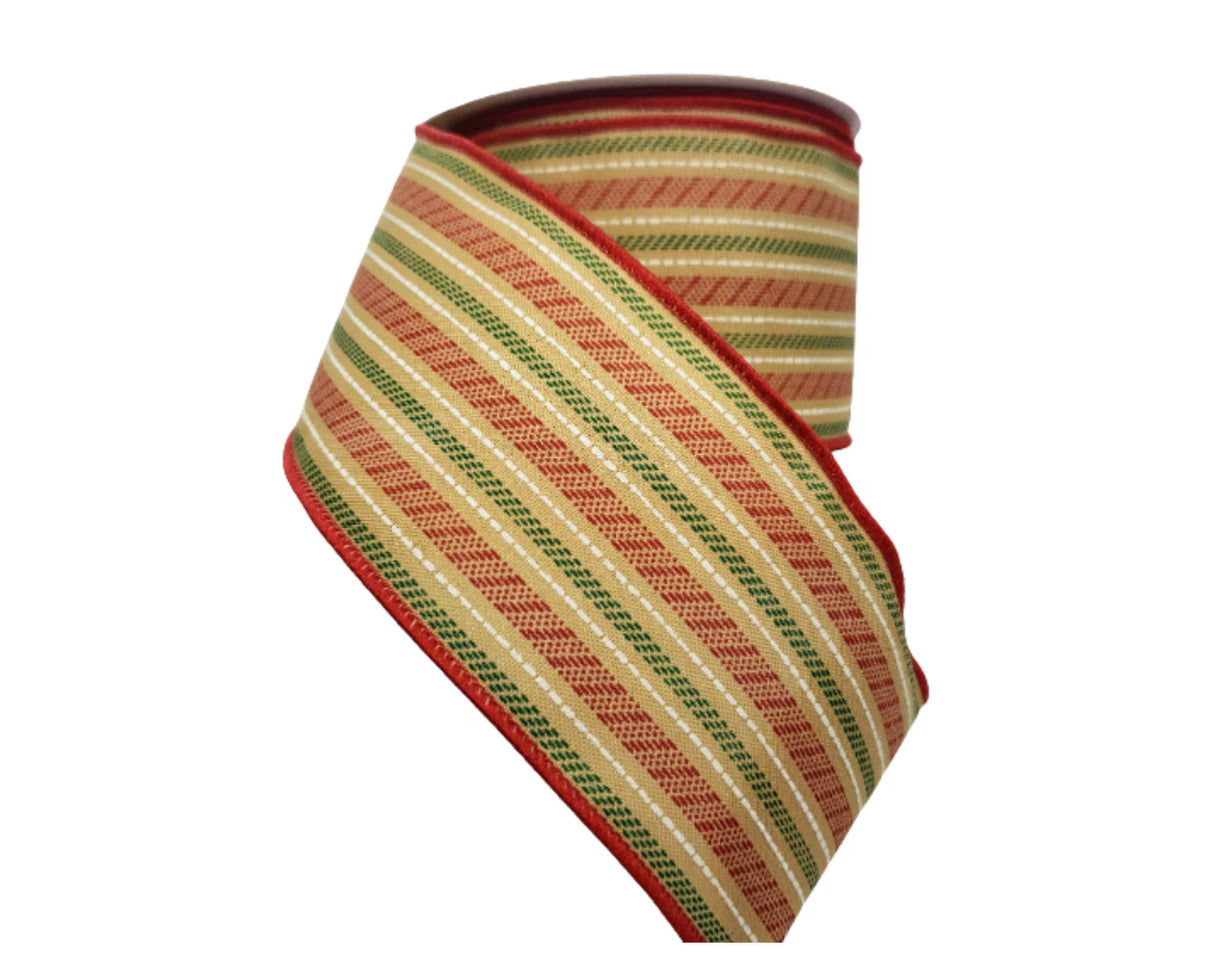 Christmas Stripe Ribbon 2.5 Inch x 10 Yard Tan Red Green Wired Ribbon-R10140-F2 TCTCrafts