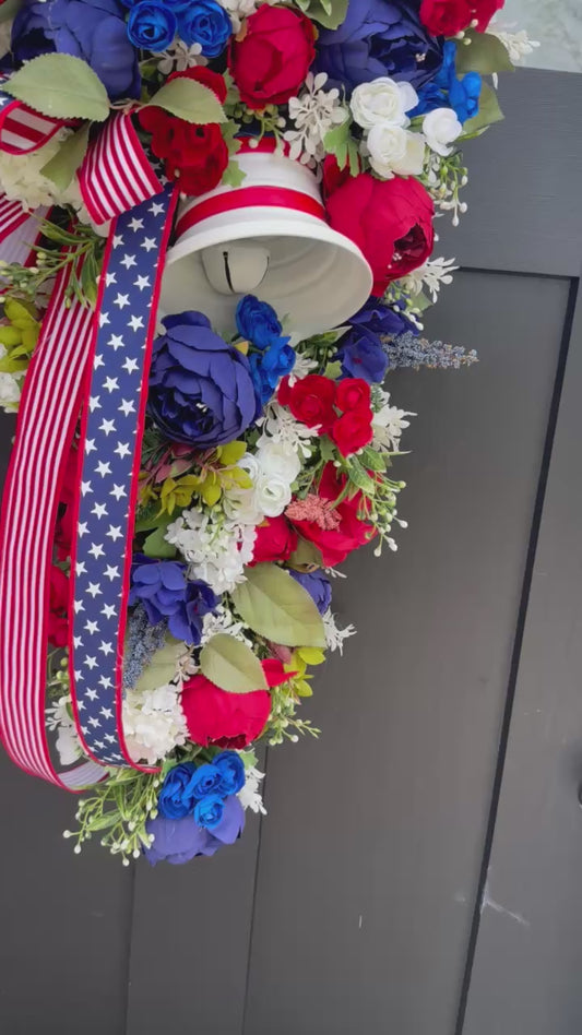 Patriotic Liberty Bell Door Swag – 34" Red White Blue Floral Wreath for 4th of July