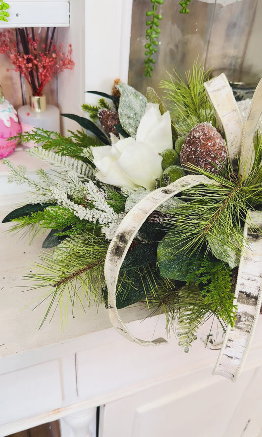 Rustic Woodlands Christmas Centerpiece with Deer, Snowy Magnolia & Birch Ribbon