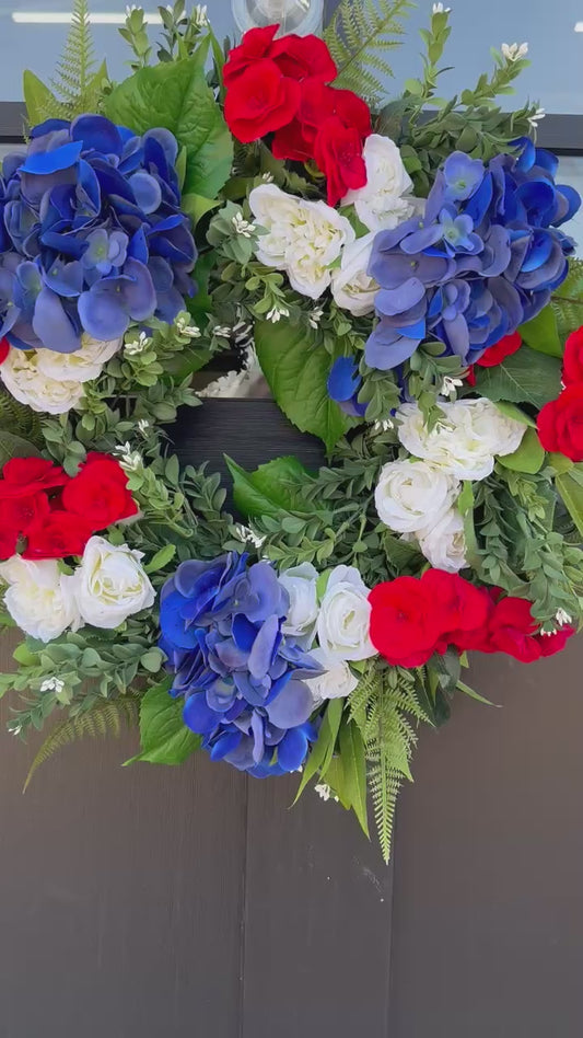 Red White Blue Patriotic Wreath for Front Door – Fourth of July Summer Floral Wreath with Hydrangeas & Roses