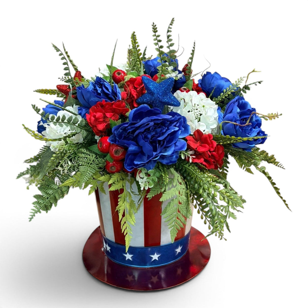 Patriotic 4th of July Floral Arrangement in Americana Metal Container TCT Crafts
