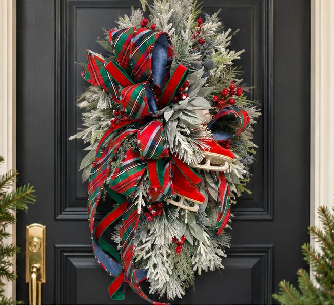Tartan Plaid Ice Skate Swag | Red Blue Christmas Door Decor | 34"Lx18"Wx13"D-2205 TCT Crafts Designs & Decor