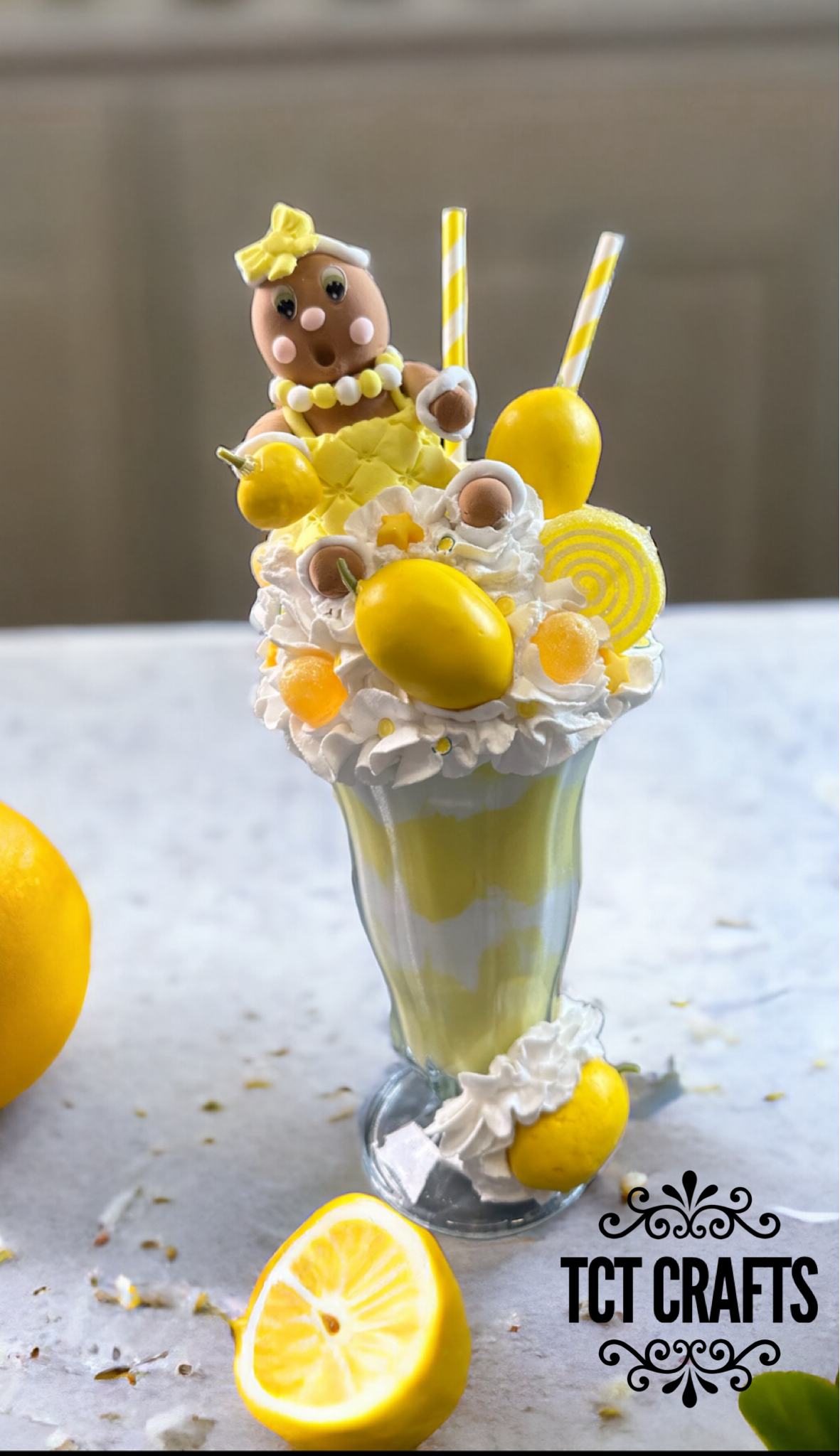 Yellow Summer Lemon Faux Extreme Shake Decor with Gingerbread Girl, Whimsical Kitchen Art, Fake Food Display, Summer Kitchen Decor TCT Crafts