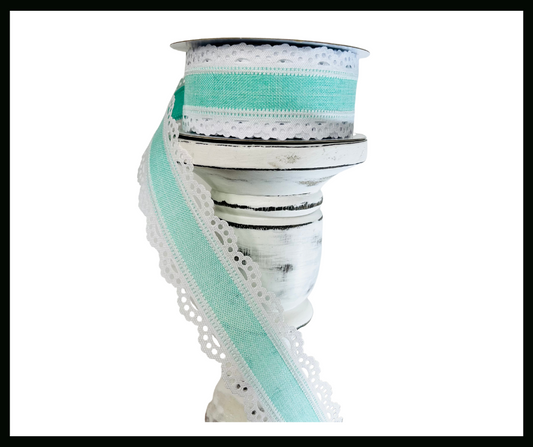 Mint Green and White Scalloped Edge Royal Burlap Wired Ribbon - 1.5 Inches Wide, 10 Yards Length - Perfect for Crafts-RGA1541AN TCT Crafts