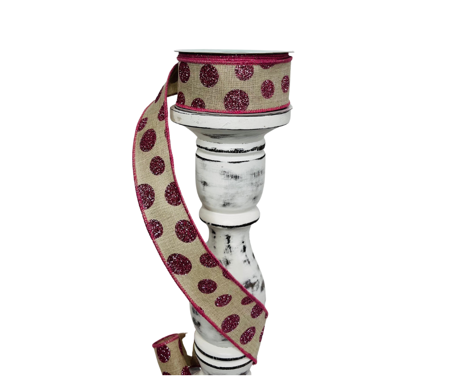 1.5"x10YD Glitter Polka Dots on Natural Ribbon - Pink/Natural - Sparkling Elegance for Crafts and Decor-RGC187018) TCT Crafts