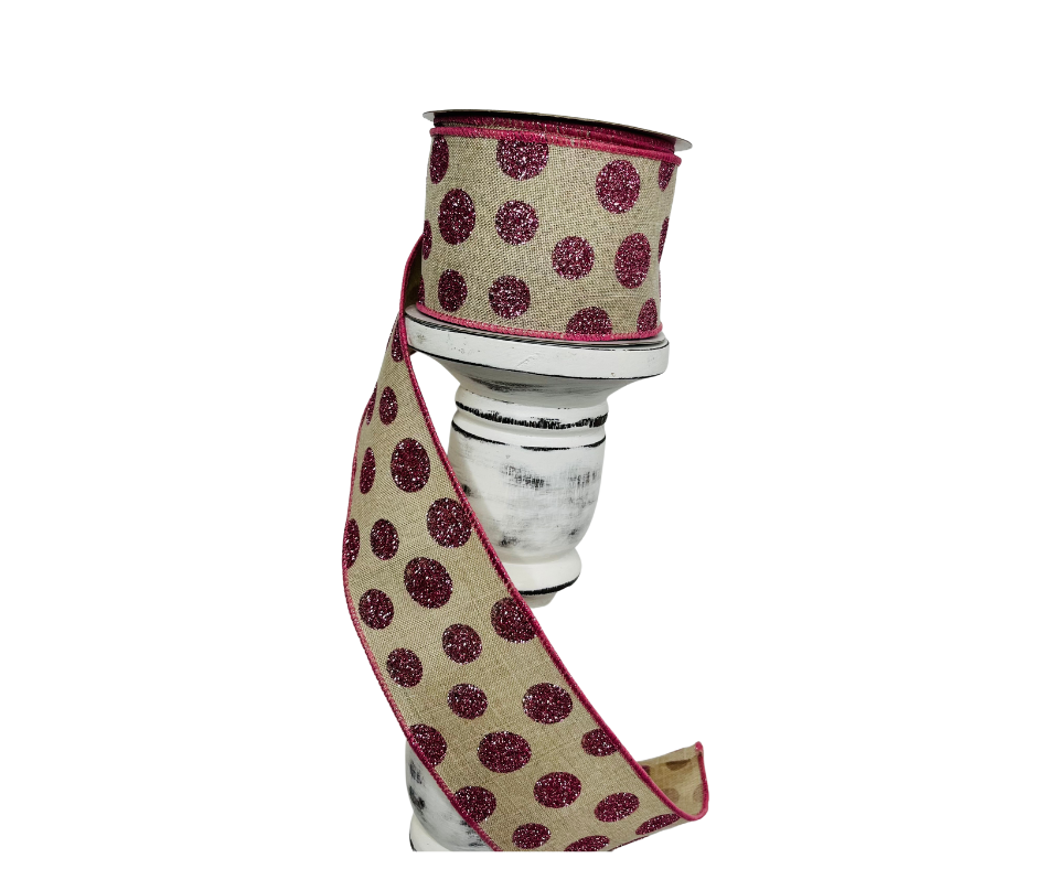 2.5"x10YD Glitter Polka Dots on Natural Ribbon - Pink/Natural - Sparkling Elegance for Crafts and Decor-(RGC187118) TCT Crafts