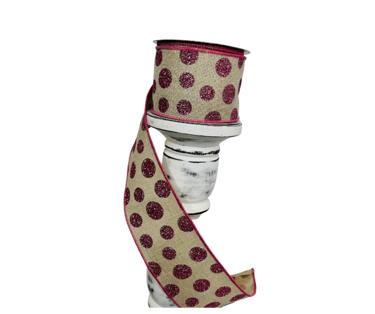 2.5"x10YD Glitter Polka Dots on Natural Ribbon - Pink/Natural - Sparkling Elegance for Crafts and Decor-(RGC187118) TCT Crafts