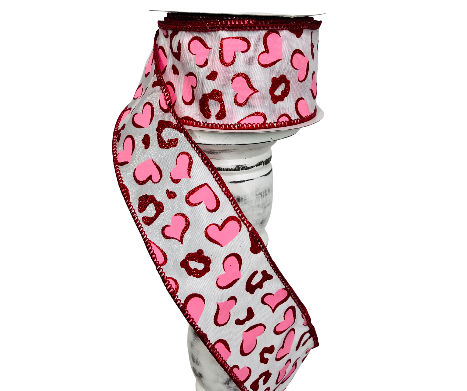2.5"x10YD Heart Leopard Spots Valentine's Day Wired Ribbon - Pink/Red/White - Playful Romance for Crafts and Decor-(RGC189724) TCT Crafts
