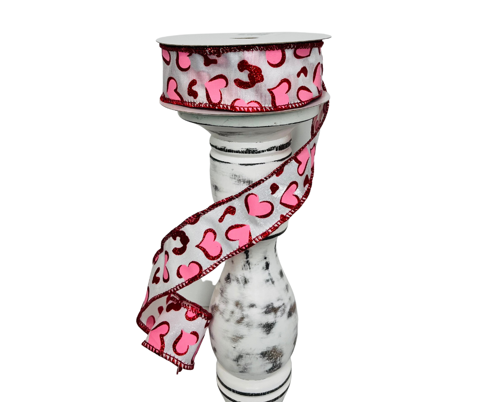 1.5"x10YD Heart Leopard Spots Valentine's Day Wired Ribbon - Pink/Red/White - Playful Romance for Crafts and Decor (RGC189624) TCT Crafts