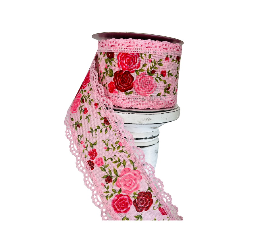 2.5"x10YD Mini Roses Pink Wired Ribbon - Delicate Floral Elegance for Your Crafts-RGA859215