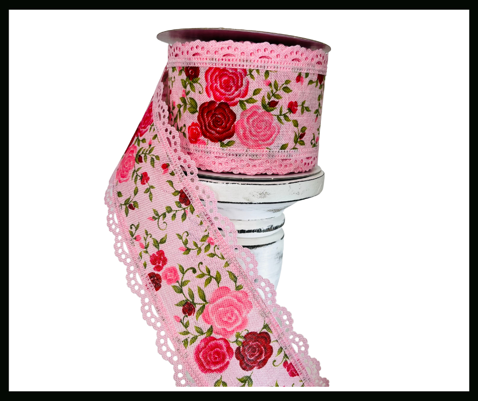 2.5"x10YD Mini Roses Pink Wired Ribbon - Delicate Floral Elegance for Your Crafts-RGA859215