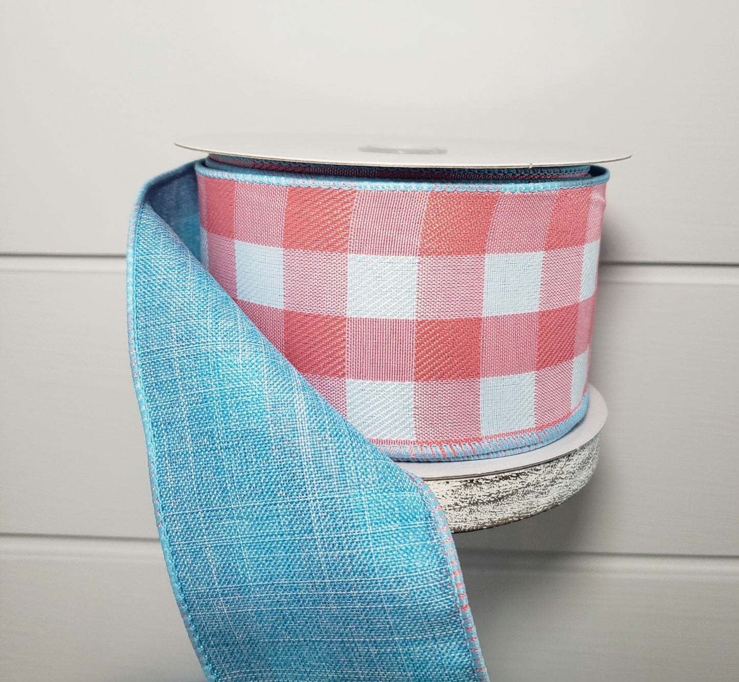 41147-40-46 2.5"x10Yds Double Sided Coral/Aqua Linen Buffalo Plaid Spring Ribbon - TCTCrafts