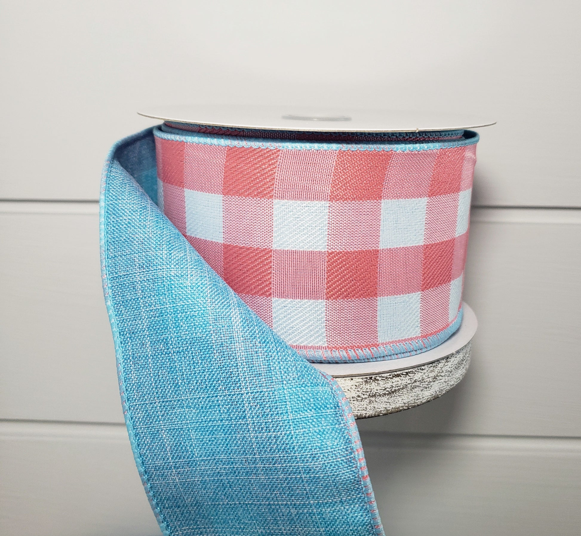 41147-40-46 2.5"x10Yds Double Sided Coral/Aqua Linen Buffalo Plaid Spring Ribbon - TCTCrafts