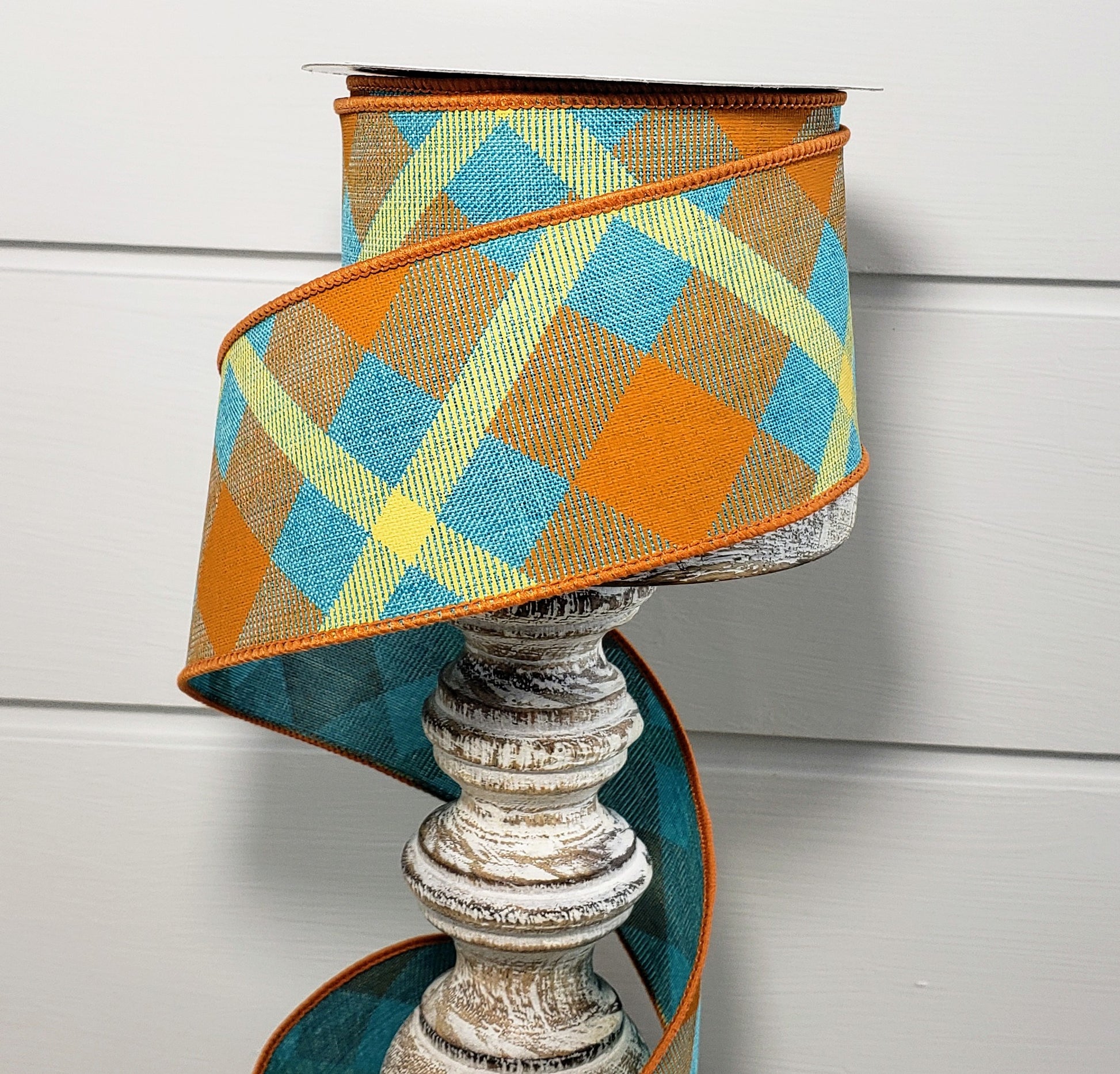 RG01683F3-2.5"x10yd Printed Plaid on Royal Wired Ribbon-Teal/Orange/Mustard - TCTCrafts