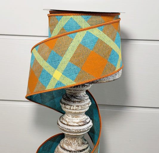 RG01683F3-2.5"x10yd Printed Plaid on Royal Wired Ribbon-Teal/Orange/Mustard - TCTCrafts