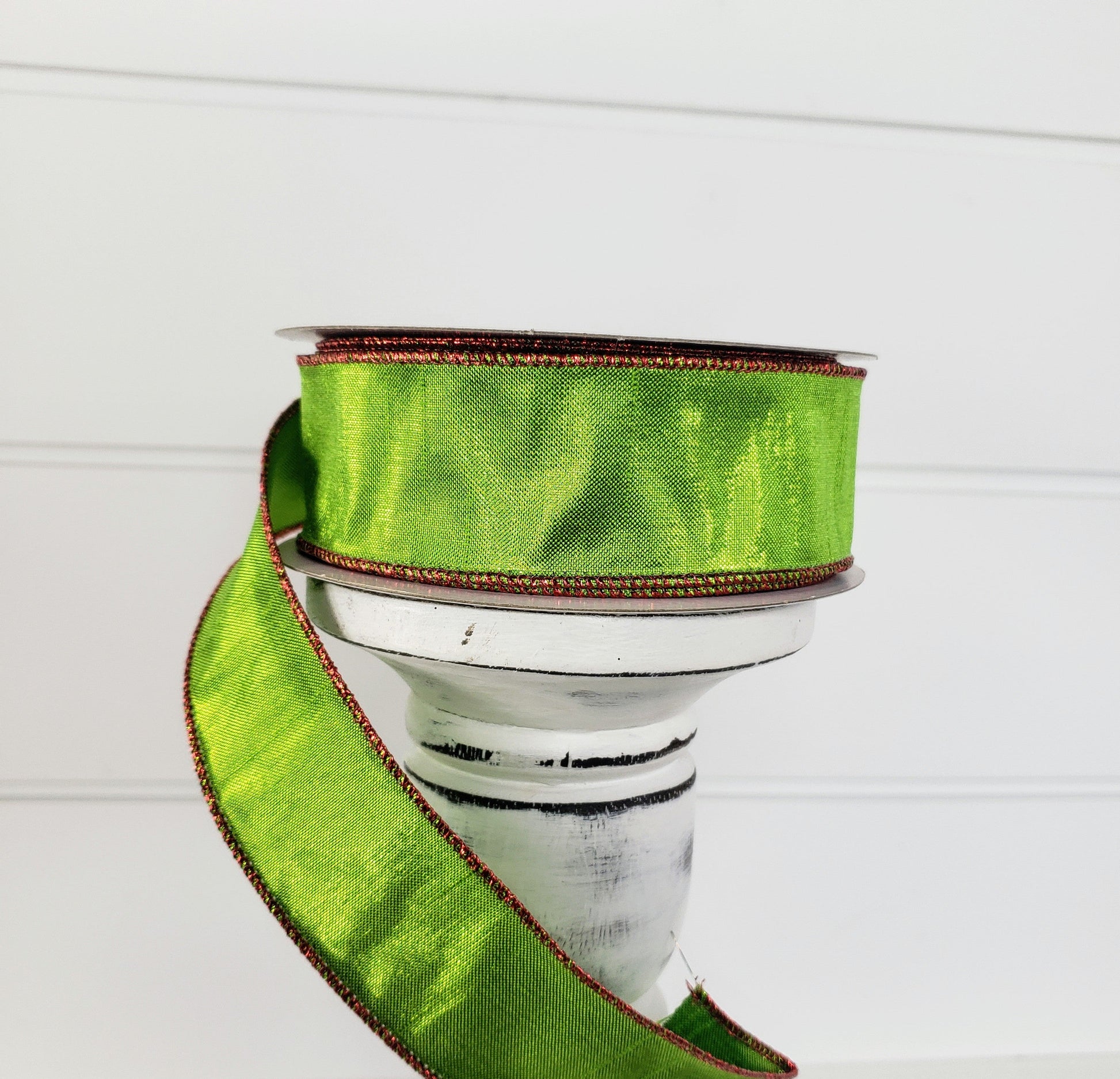1.5"x10yd Metallic Faux Dupioni Wired Ribbon - Shimmering Elegance in Lime Green and Red-RGA1434WY TCT Crafts