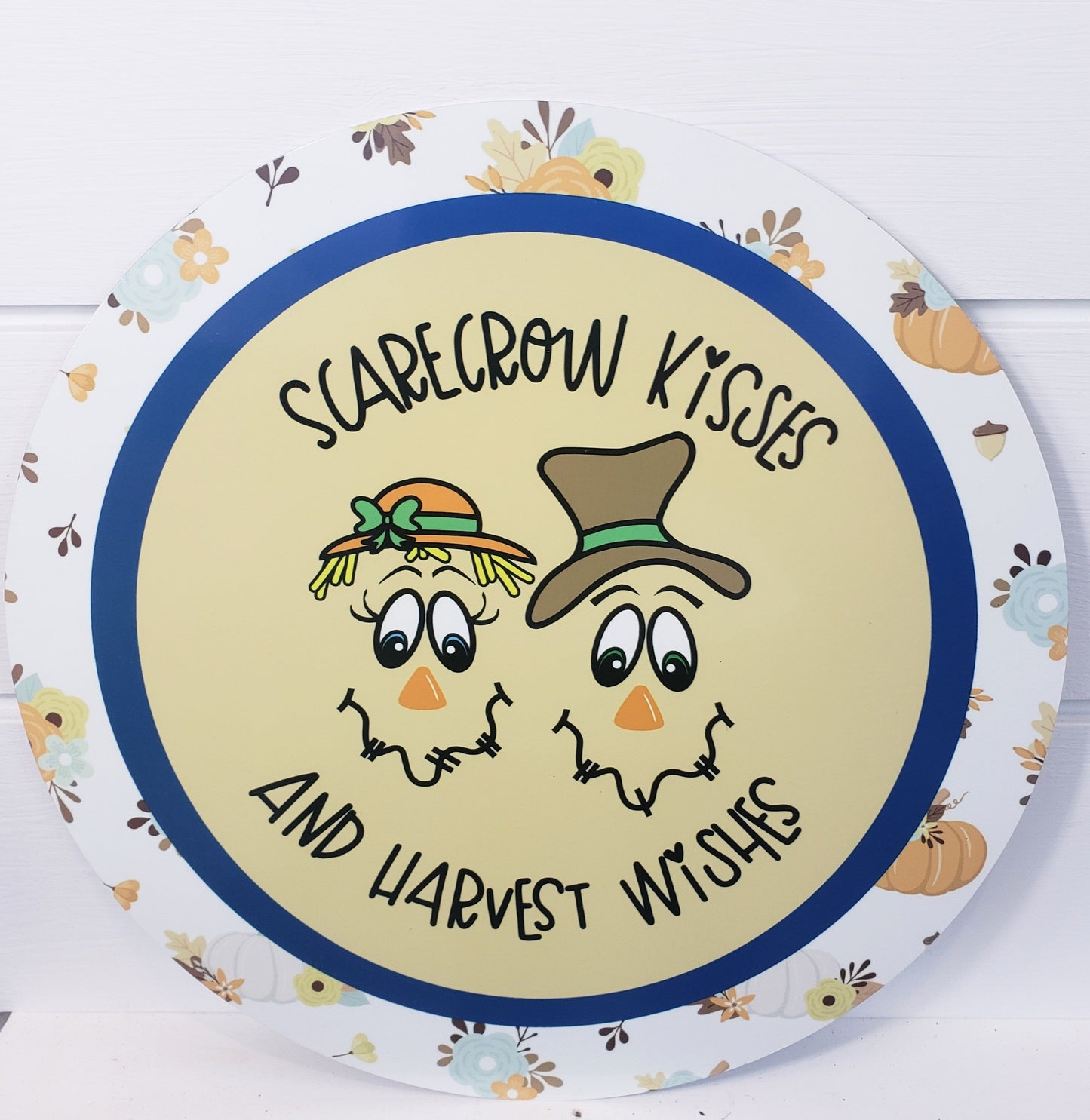 TCT1397-11.75" Metal Fall Scarecrow Kisses and Harvest Wishes Sign TCTCrafts