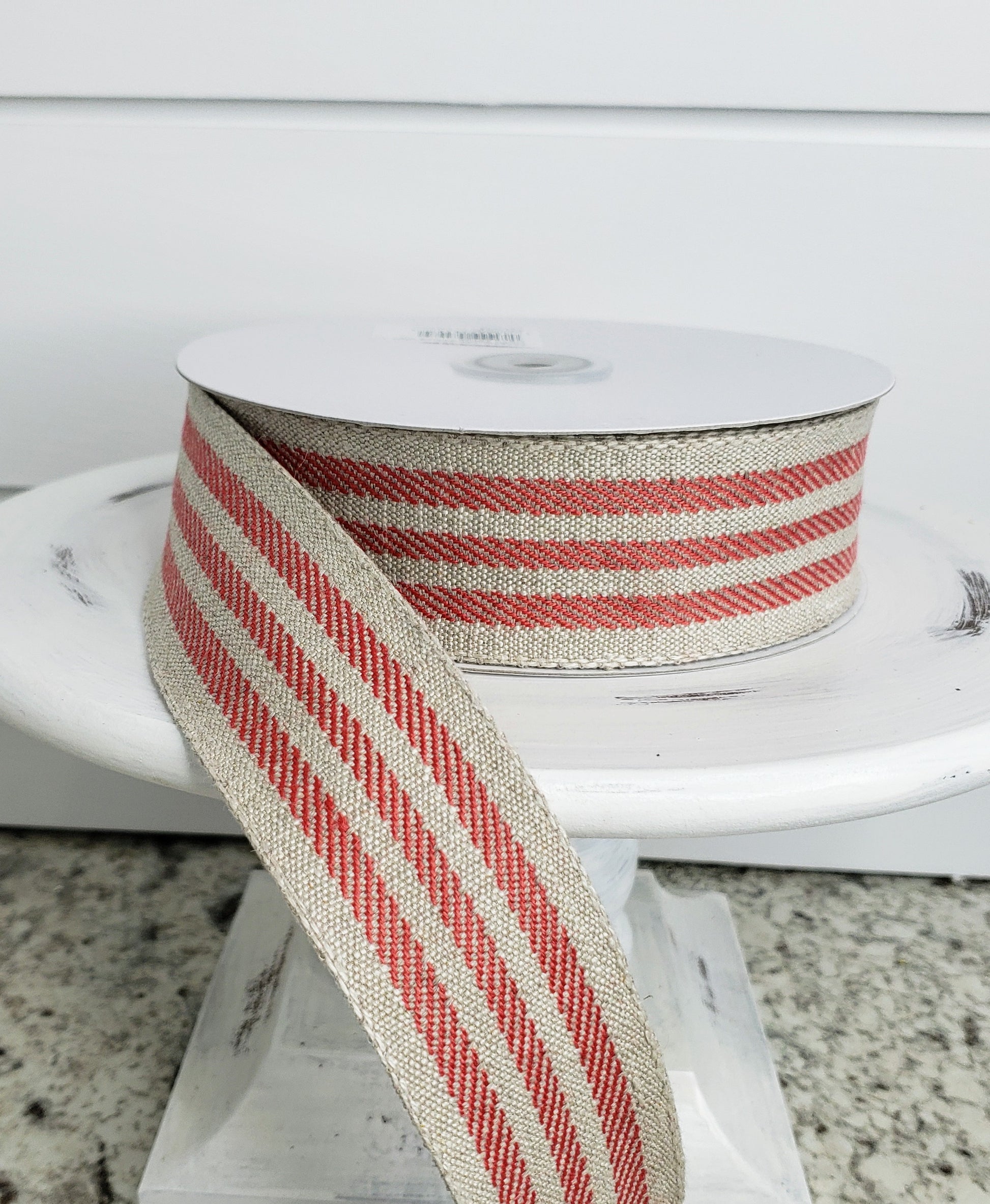 25724W-756-09H 1.5"x20 Yards Linen Candystripe Wired Edge Ribbon-Natural/Red - TCTCrafts