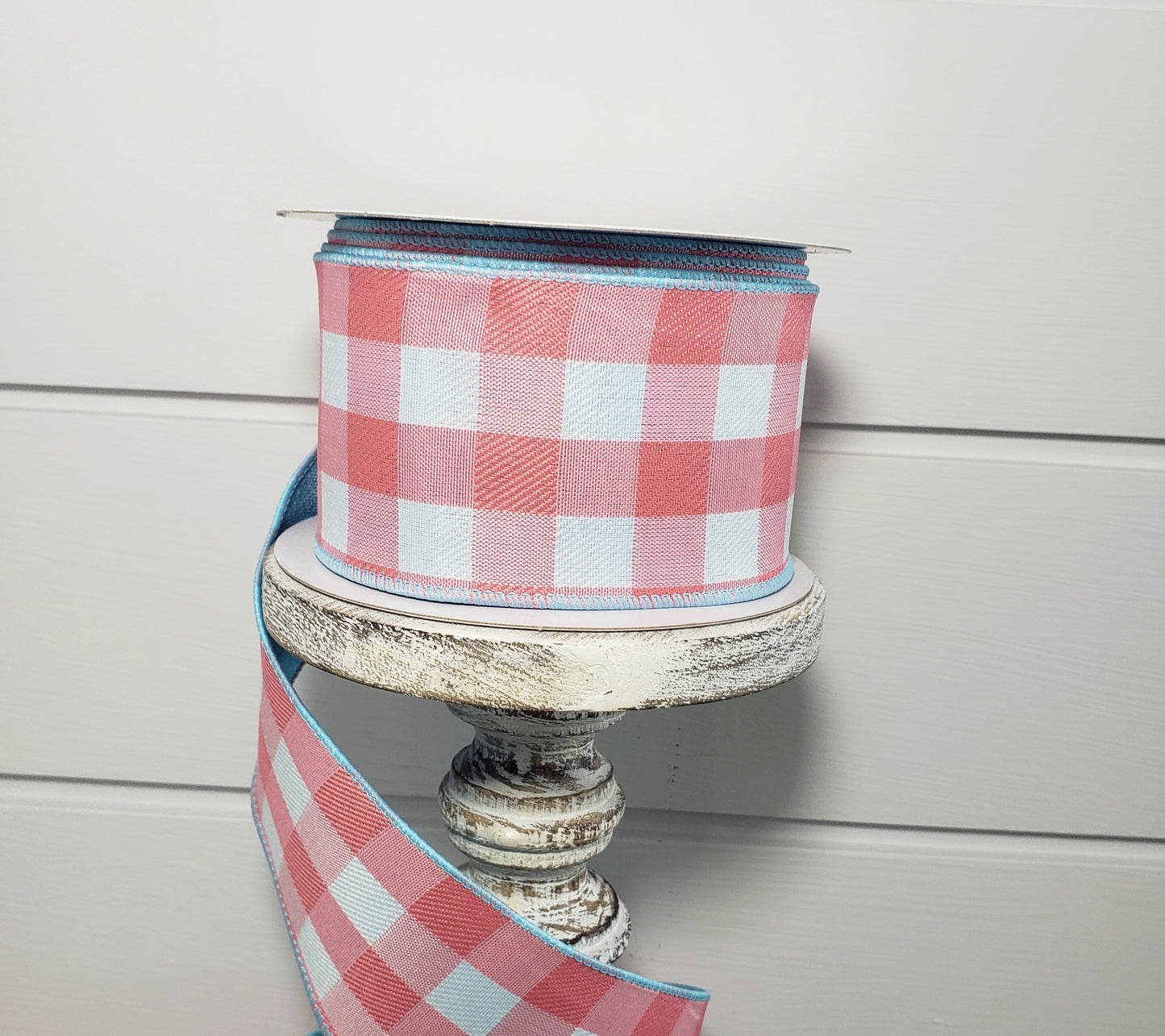 41147-40-46 2.5"x10Yds Double Sided Coral/Aqua Linen Buffalo Plaid Spring Ribbon - TCTCrafts