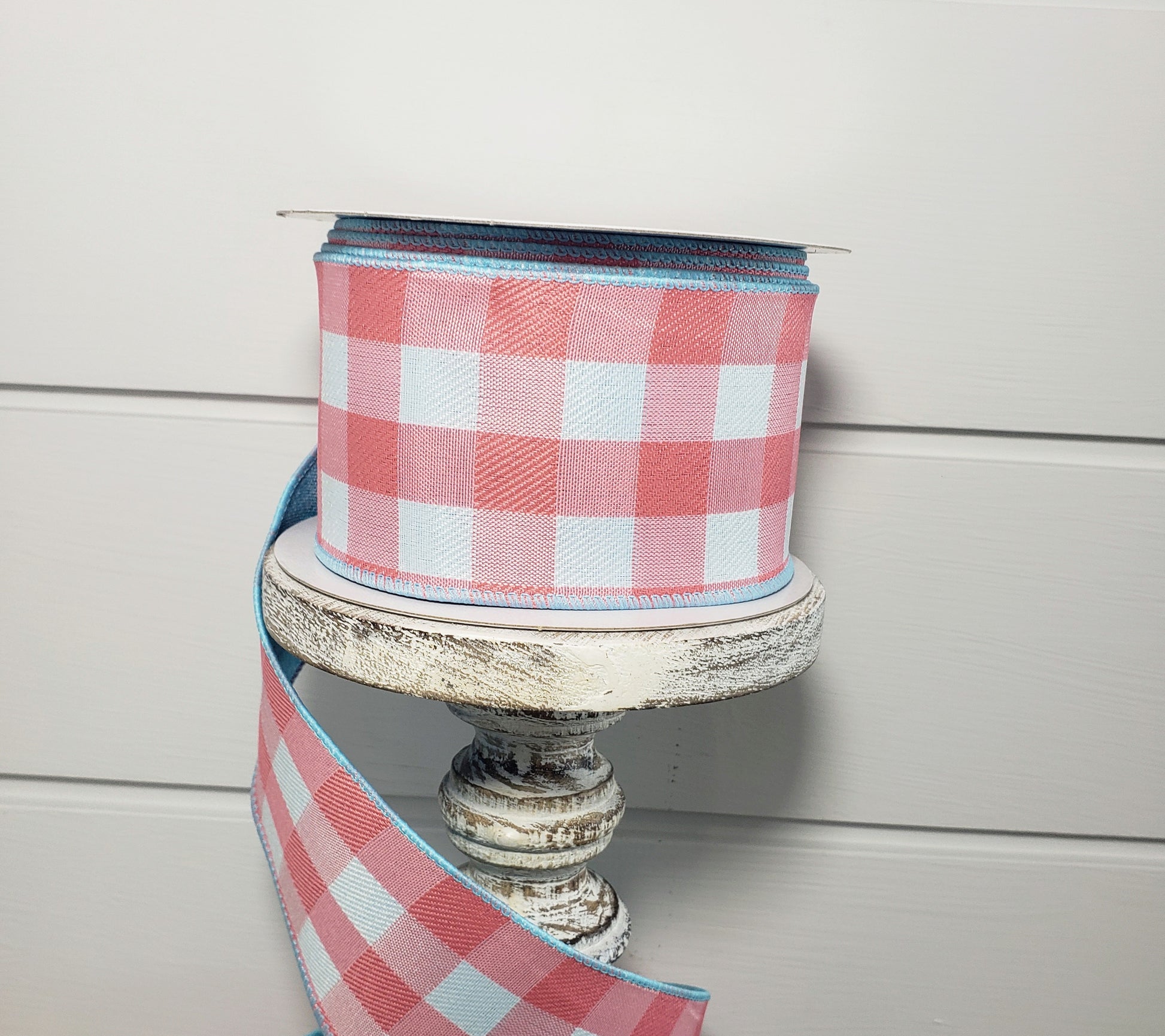 41147-40-46 2.5"x10Yds Double Sided Coral/Aqua Linen Buffalo Plaid Spring Ribbon - TCTCrafts